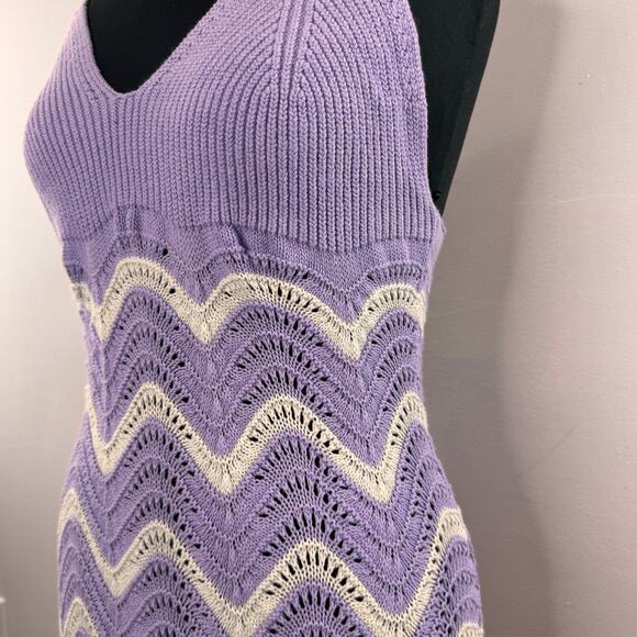 H&M Purple White Bodycon Dress Crochet Fine-Knit V-Neck Cross Back Strap Large L - Picture 3 of 7